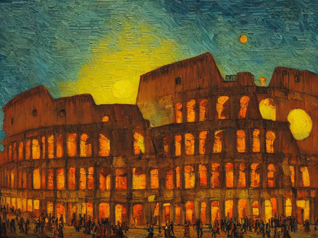 Image similar to trending on artstation, the Colosseum during sunset, oil on canvas, in the style of Vincent van Gogh