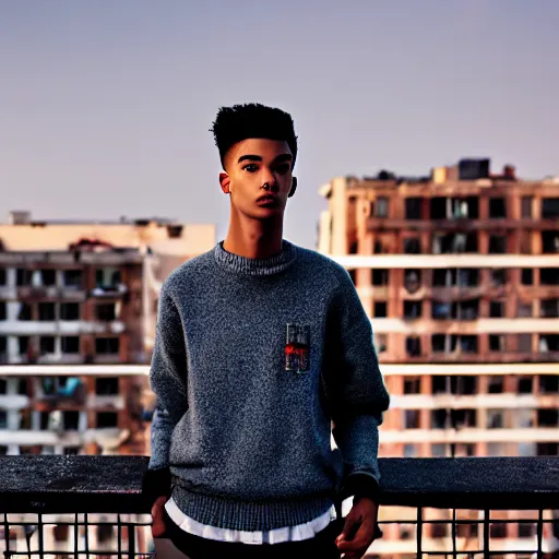 Image similar to un ultra high definition studio quality fashion editorial photographic portrait of a young man standing on the rooftop of an apartment building wearing all eclectic soft clothes. wide angle. three point light. extremely detailed. golden hour, golden ratio, ray tracing, volumetric light, shallow depth of field.