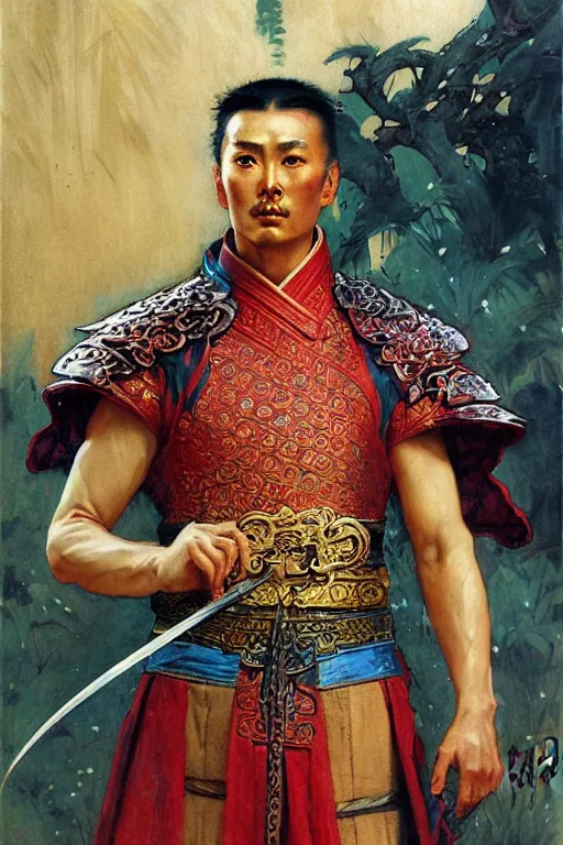 Image similar to wuxia, knight, male, character design, ancient china, colorful, painting by gaston bussiere, craig mullins, j. c. leyendecker, tom of finland