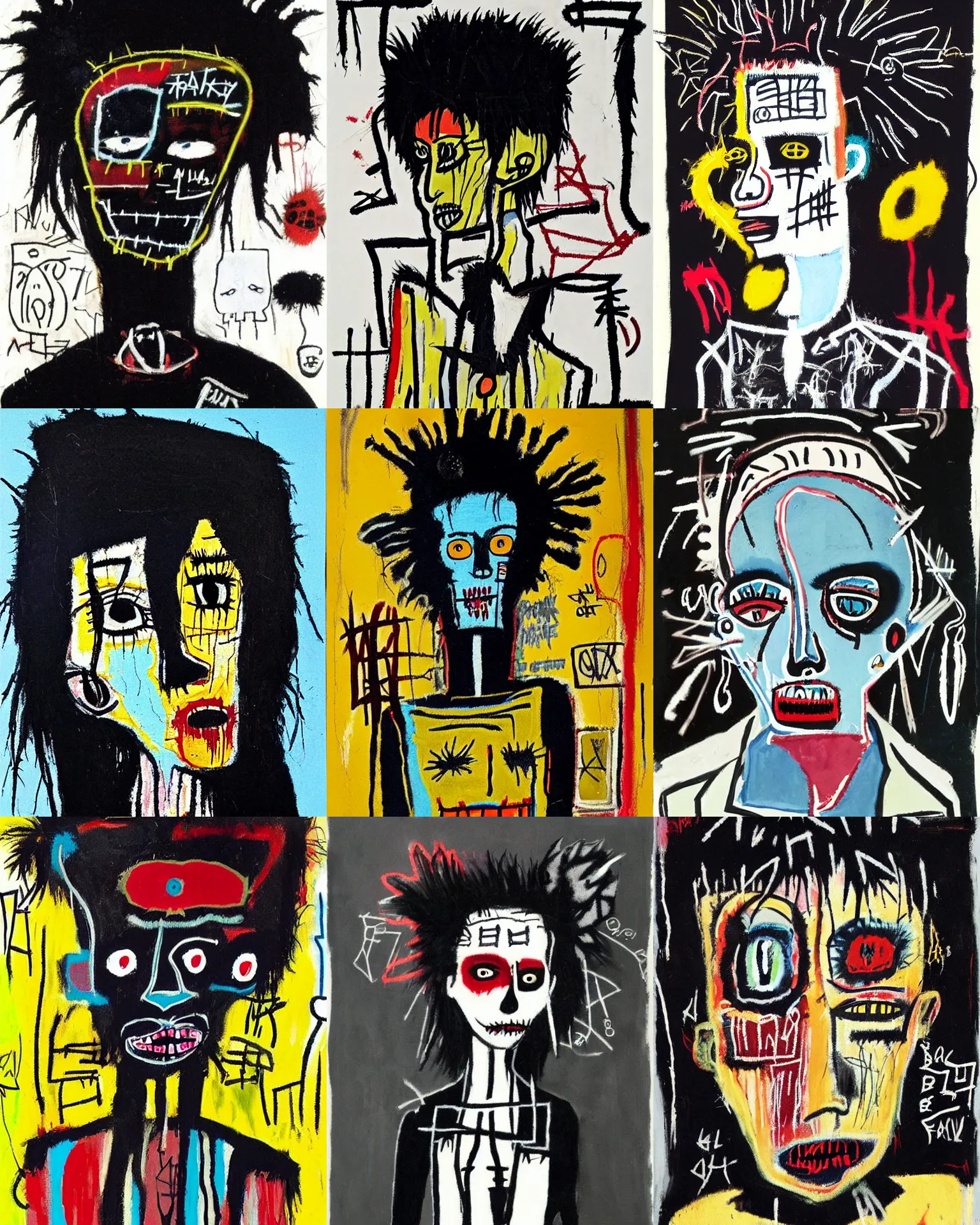Prompt: A goth character portrait by Jean-Michel Basquiat. She has large evil eyes with entirely-black sclerae!!!!!! Her hair is dark brown and cut into a short, messy pixie cut. She has a slightly rounded face, with a pointed chin, and a small nose. She is wearing a black leather jacket, a black knee-length skirt, a black choker, and black leather boots.