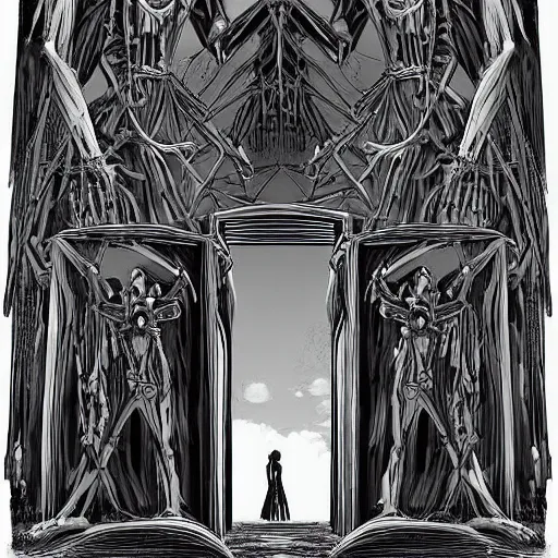 Prompt: In the center of the sculpture is a large gateway that seems to lead into abyss of darkness. On either side of the gateway are two figures, one a demon-like creature, the other a skeletal figure. vector art, cyanotype by Greg Land flowing