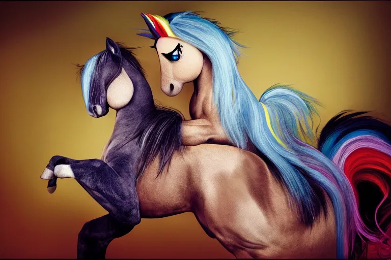 Prompt: Annie_Leibovitz boudoir_photo of Rainbow_Dash, My_Little_Pony_Friendship_is_Magic, oversized_hindquarters, Equine photography, hibited