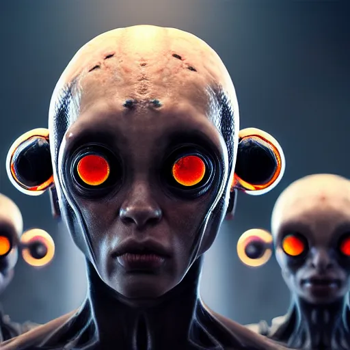 Image similar to a hyper real comic book style portait painting of an alien with 5 eyes and three heads, unreal 5, hyperrealistic, octane render, cosplay, rpg portrait, dynamic lighting