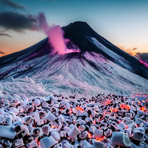 Prompt: a mountain made entirely of roasted marshmallows with marshmallow fluff flowing down the side like lava, cotton candy skies in the background