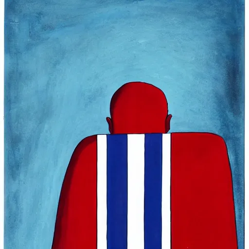 Image similar to symmetrical blue and red, mysterious figure looking at a distant machine, art