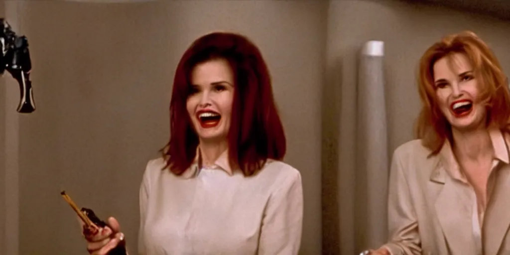 Image similar to still frame of Geena Davis in Pulp Fiction laughing hysterically over a joke