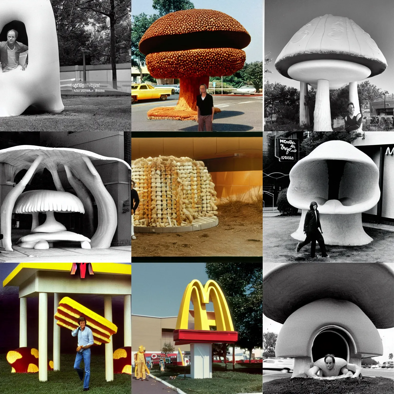 Prompt: Michael Keaton emerging from Mcdonalds structure shaped like gigantic fungus mushroom 1981