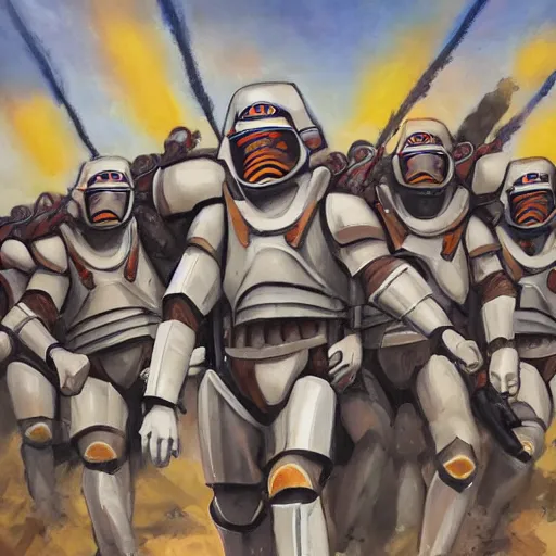 Prompt: a portrait of commander cody leading the 212th attack batallion into battle