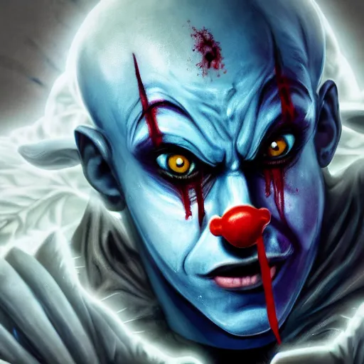 Prompt: 4K headshot of godlike clown with blue skin with defined arms and open hands and bloody clothes with giant mandala wings , white intricate scary clown makeup , flawless anime cel animation by Kentaro Miura, psychedelic , highly detailed upper body , professionally post-processed , beautiful, scary, symmetry accurate features, epic, octane rendered, anime masterpiece, accurate