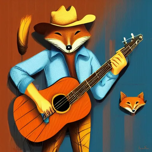 Image similar to a fox animal, wearing cowboy hat, wearing plaid shirt, playing guitar, in barn, album cover style, artstation