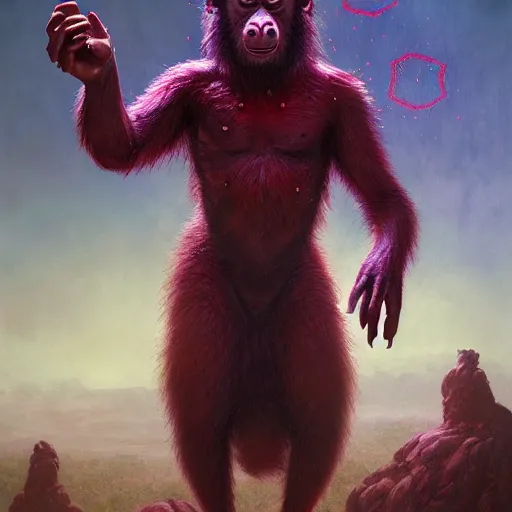 Image similar to a heroic psychedelic ape, hero character art, scars, by chris leib and greg rutkowski and android jones in a vibeant fantasy lovecraftian style, oil on canvas, dramatic lighting, raytracing, 8k, hd.