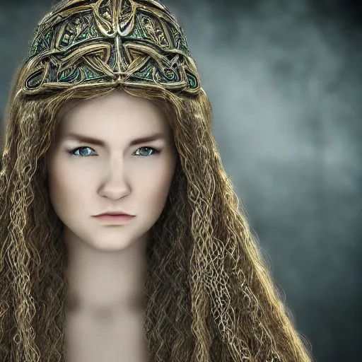 Prompt: realistic and detailed picture of long haired noble celtic queen