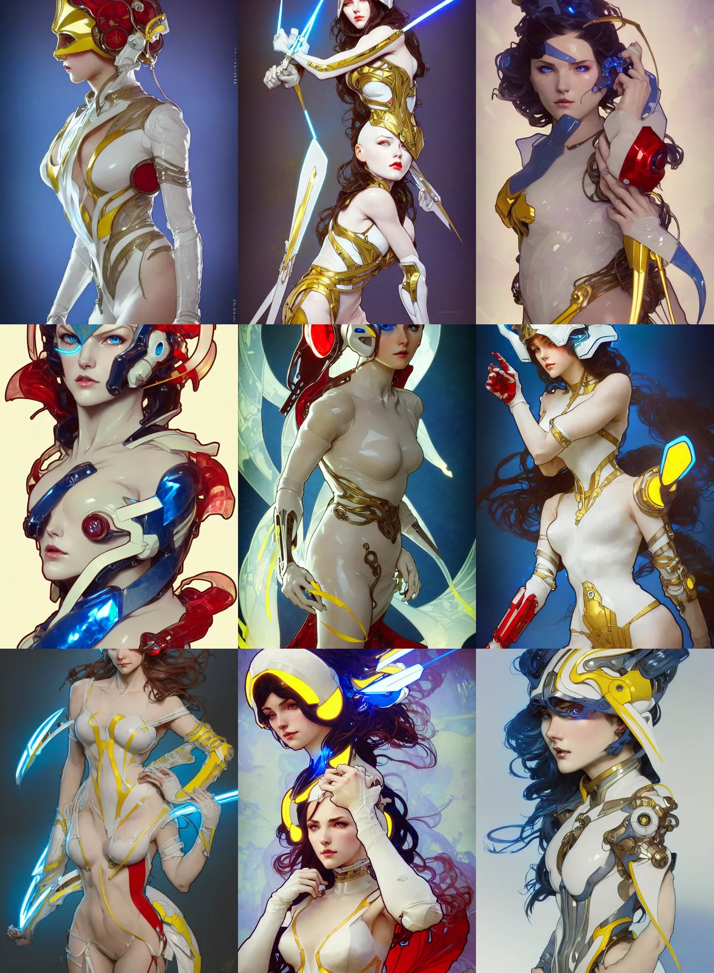 Image similar to a character design by artgerm, greg rutkowski and alphonse mucha. sci - fi dagger. laser white and yellow tape and red translucent plastic tape project show attctive showgirl!! sci - fi helmet electric blue eyes!! sharp edges. contour light effect!! ultra detailed, elegant, intricate, octane render.