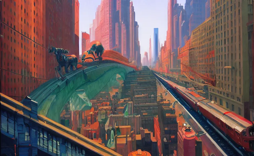 Prompt: A big train moving in the middle of new york city, very coherent, painted by Edward Hopper, Wayne Barlowe, painted by James Gilleard, airbrush, art by JamesJean