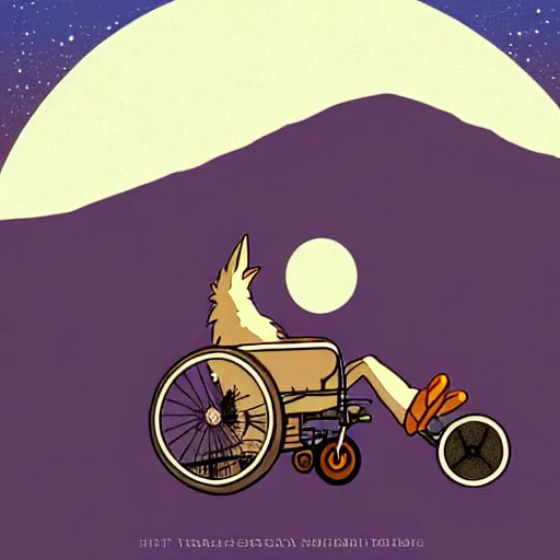 Prompt: a study of cell shaded cartoon of a jackal in a wheelchair from howl's moving castle ( 2 0 0 4 ) on a desert road, in front of a big moon, full body, wide shot, very muted colors, post grunge, studio ghibli, laurie greasley, highly detailed, deviantart, art by artgem