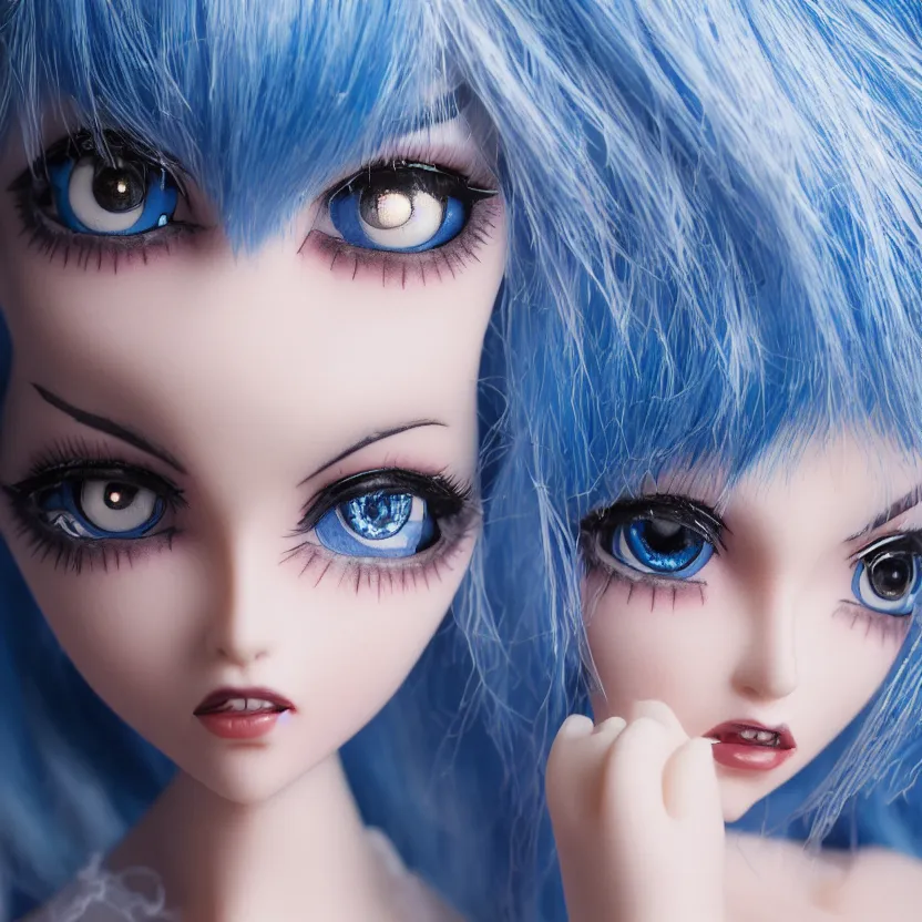 Image similar to dollfie gothic face, profesional studio portrait, blue hair, blue and bright eyes, zoom in, highly detailed