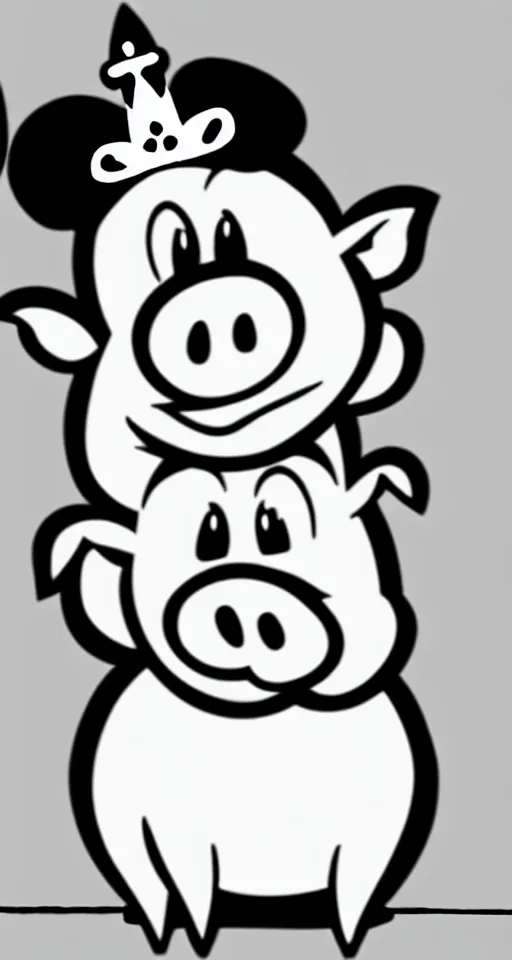Prompt: cute cartoon pig wearing a crown, disney, early black and white cartoon animation, masterpiece, 8k