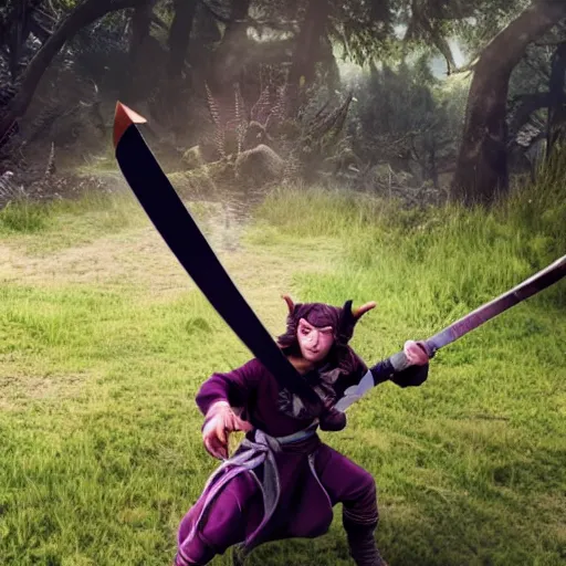 Prompt: a young teifling smiting their enemies with a sword, action shot, f 2. 8