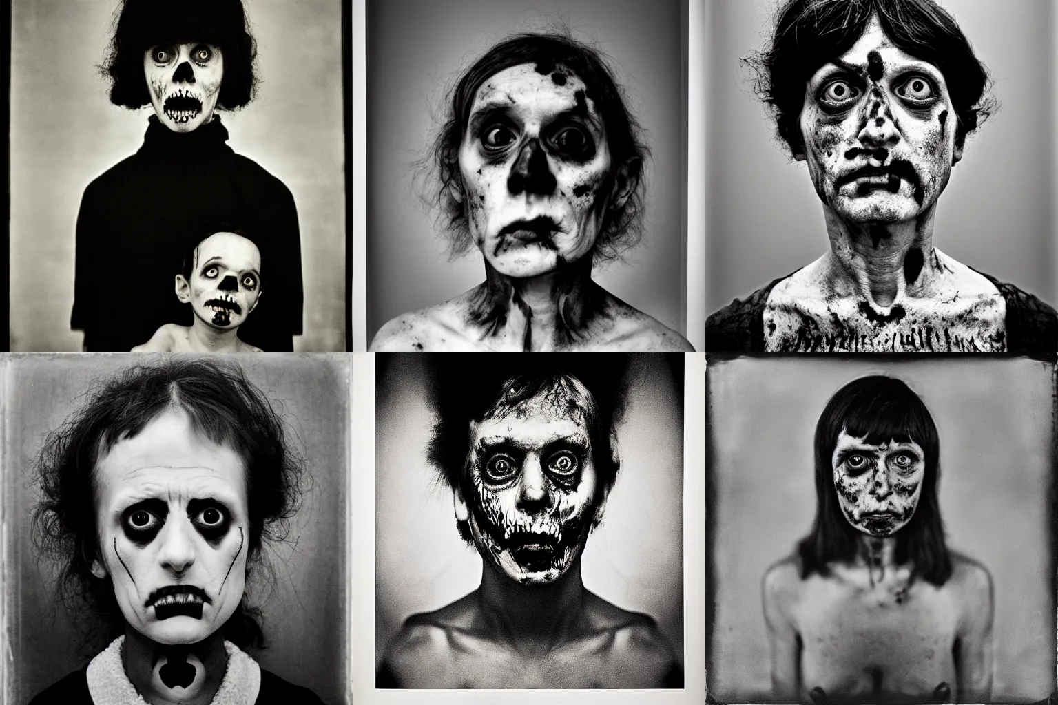 Image similar to portrait of a zombie by Diane Arbus, black and white, photorealistic, symmetrical, 50mm