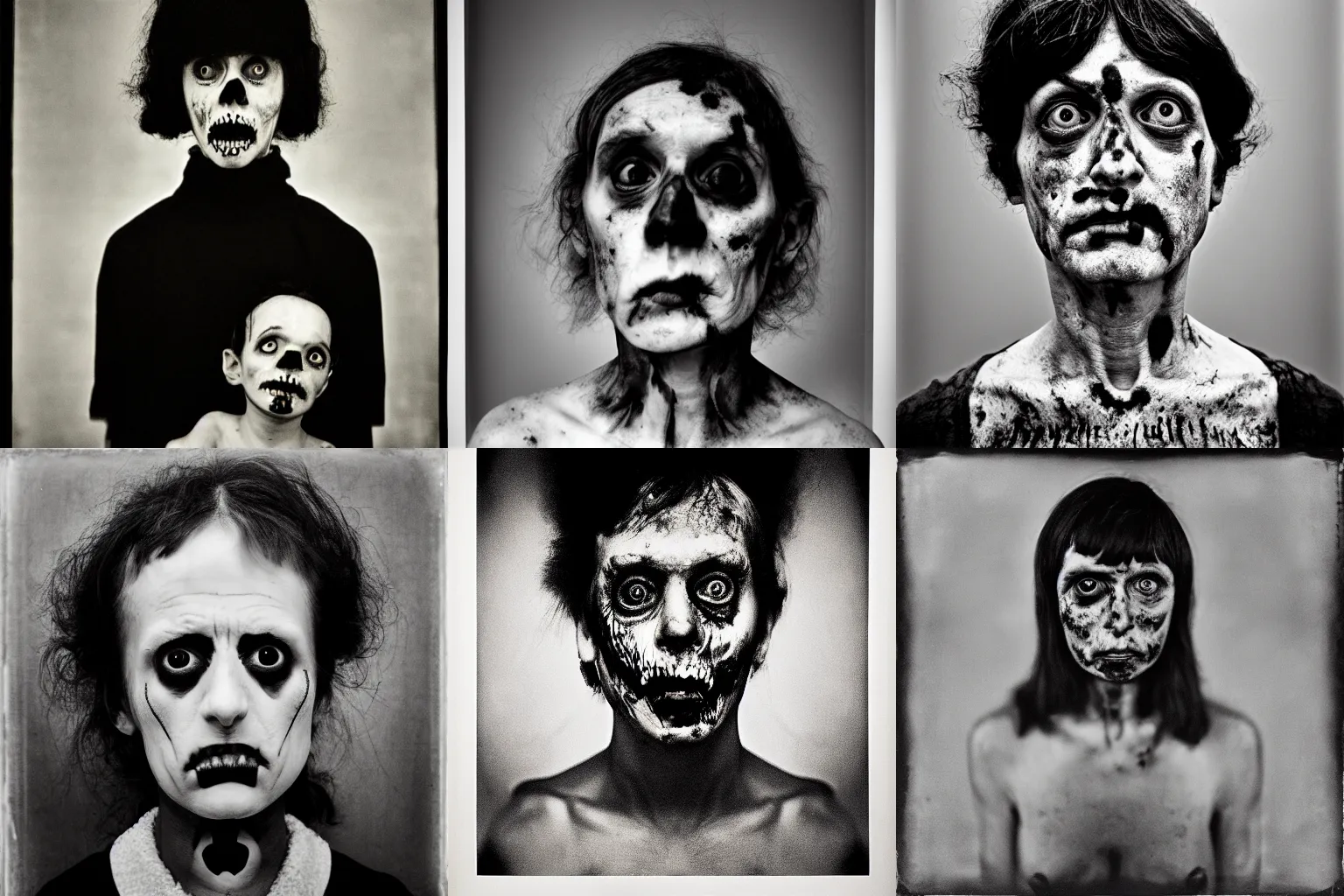 Prompt: portrait of a zombie by Diane Arbus, black and white, photorealistic, symmetrical, 50mm