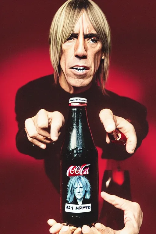 Prompt: a plastic bottle of cola with iggy pop's head on the cap and label