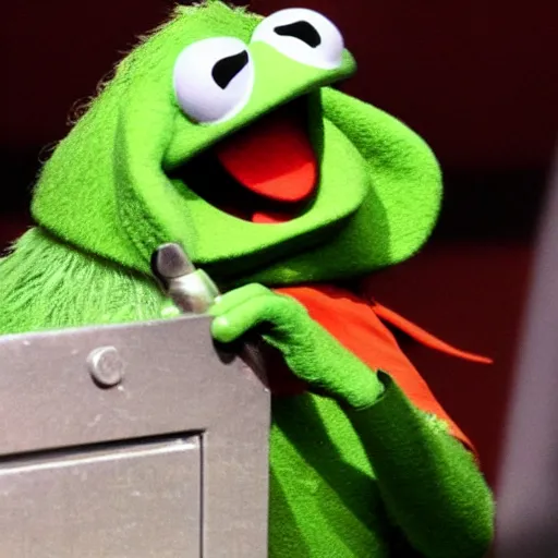 Prompt: Kermit the frog wielding a gun, robbing a muppets bank