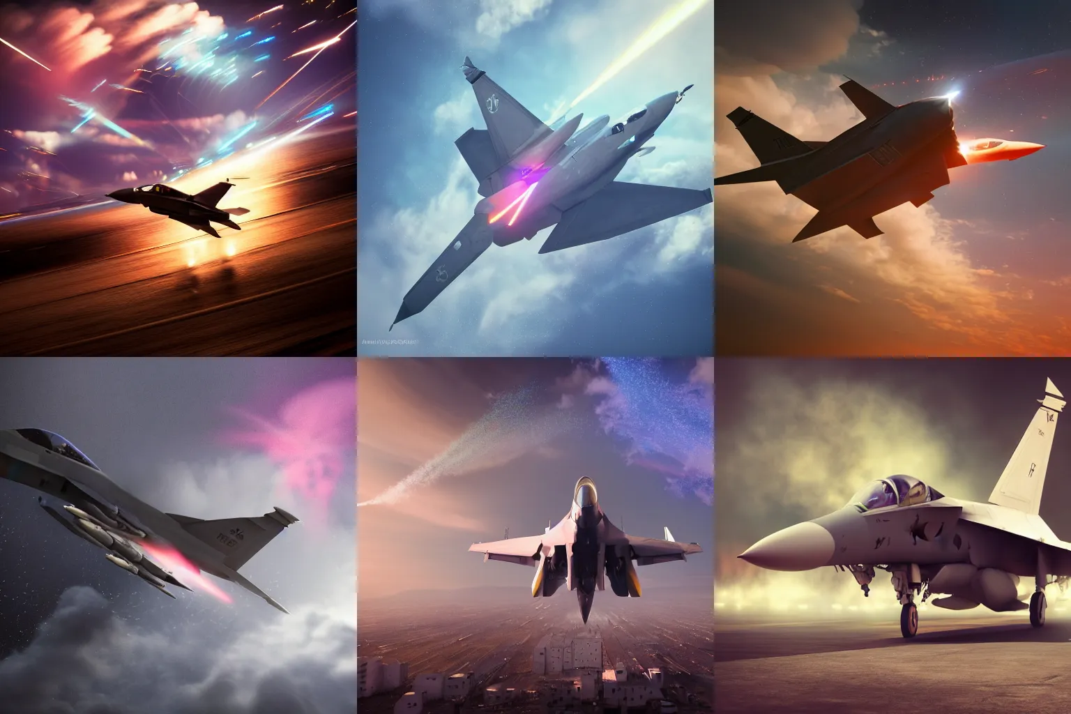 Prompt: a fighter jet, rim lights, particles and dust in the air, fancy clouds, highly detailed professional photo, dynamic lights, particles are flying, depth of field, trending on artstation, illustration, hyper realistic, vray caustics, super detailed, colorful accents, cinematic shot