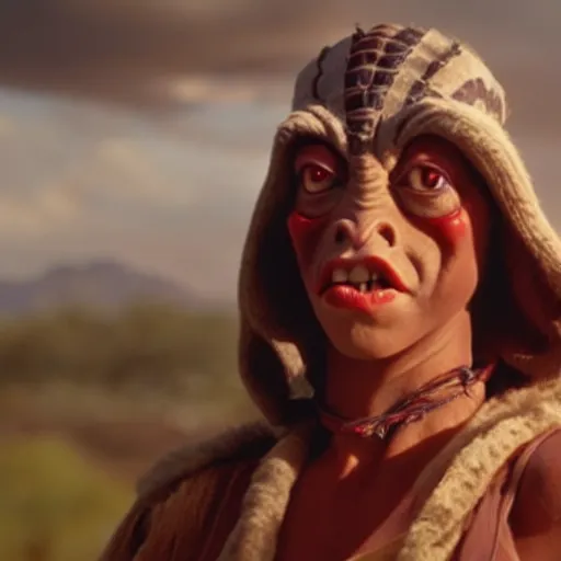Image similar to film still of jar jar binks as a female cowgirl, long eyeslashes, big juicy lips, big seductive eyes