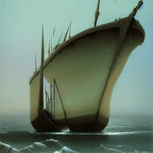 Image similar to an ice gunboat by Zdzisław Beksiński, oil on canvas