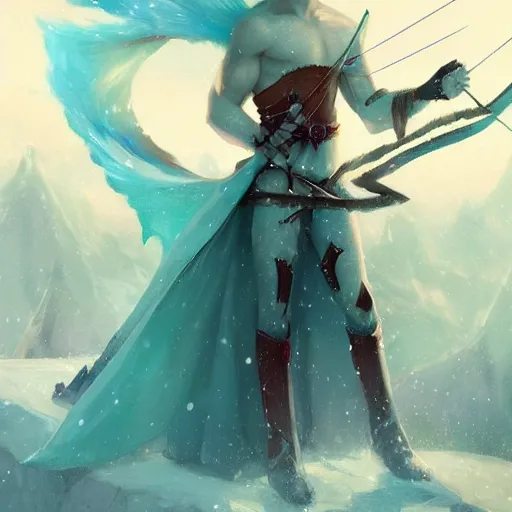 Prompt: handsome male snow elf with pointed ears in a turquoise cape as an archer, albino skin, moonlight snowing, ethereal opalescent mist, winter vibes, perfect face, elegant, very coherent symmetrical artwork, by wenjun lin, krenz cushart, charlie bowater, trending on artstation