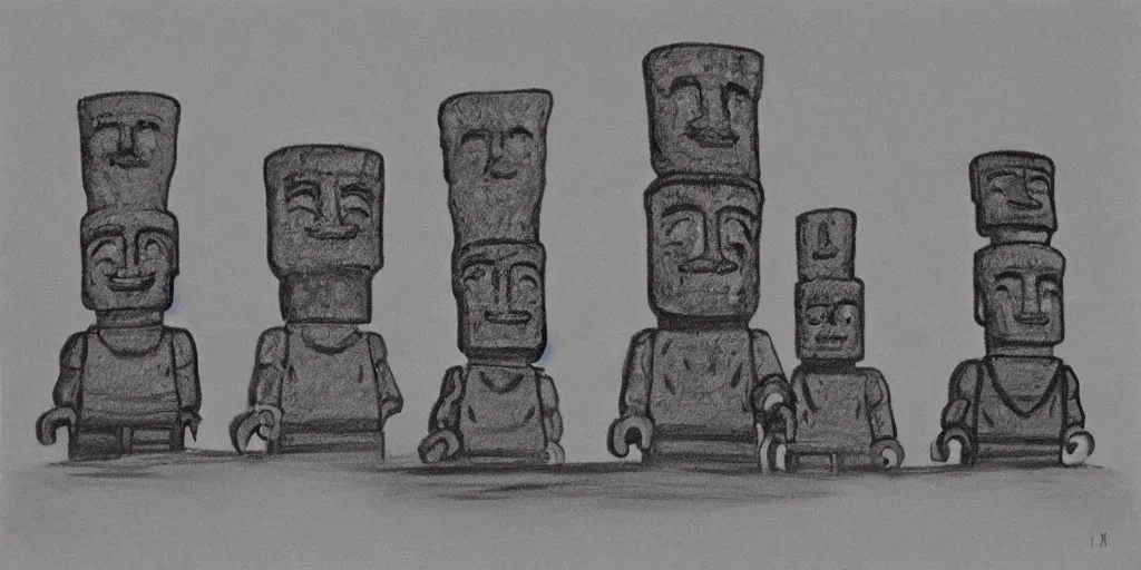 Image similar to charcoal drawing of lego minifigures as easter island heads on easter island