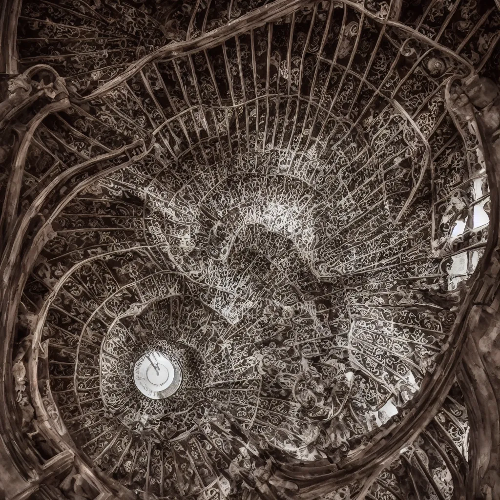 Image similar to , grand spiral stairs going down deep in the dark, with many doors ad ornamented widows, architecture by antoni gaudi, dramatic volumetric, cinematic light, cinematic photography, hyperrealist, high detailed