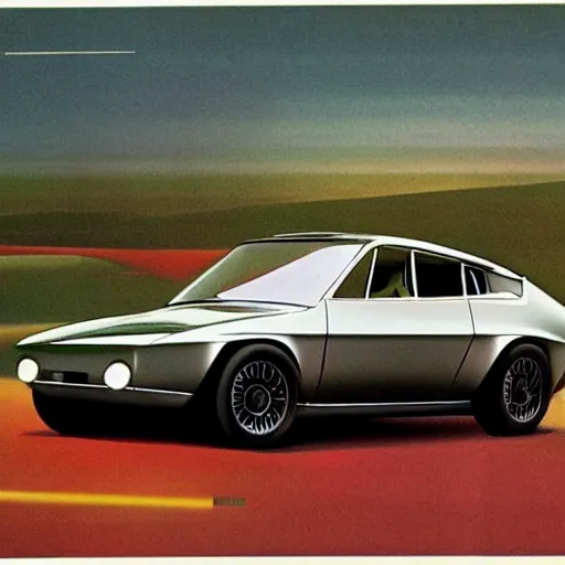 Image similar to tesla model 3, 1 9 7 0 s sports car concept art, vintage car magazine