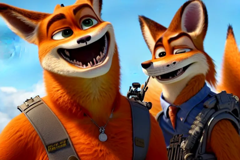 Prompt: nick wilde ( from zootopia ), heavily armed and armored facing down armageddon in a dark and gritty reboot from the makers of mad max : fury road