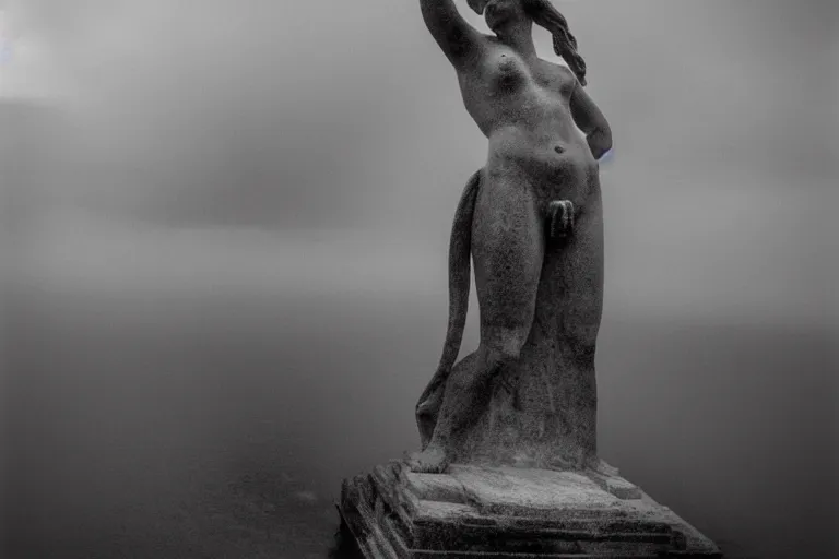 Image similar to masterpiece giant statue of a beautiful! antic goddess with long hair, scuplted by MichelAngelo, partly sunken! in the lake!, mist, lomography photo effect, monochrome, noise grain film, cl, large view