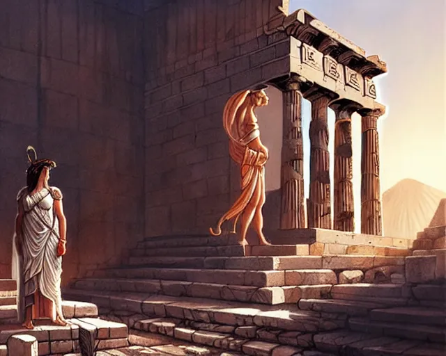 Image similar to Athena in the Athena Temple in Greece, highly detailed, intricate architecture, sharp focus, fantasy art by Artgerm and Greg Rutkowski and WLOP