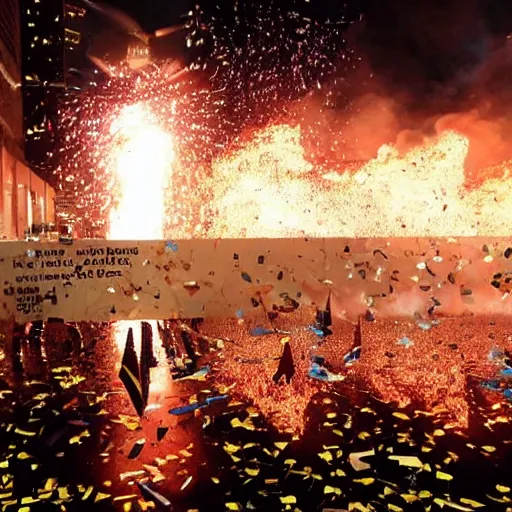 Image similar to 9/11 but fire is replaced by confetti