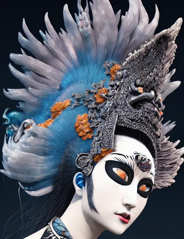 Image similar to 3 d goddess close - up profile simple portrait punk with mohawk with goat skull. beautiful intricately detailed japanese crow kitsune mask and clasical japanese kimono. betta fish, jellyfish phoenix, bio luminescent, plasma, ice, water, wind, creature, artwork by tooth wu and wlop and beeple and greg rutkowski