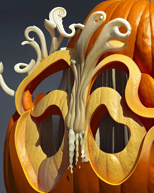 Image similar to detailed render giant pumpkin house art nouveau rococo architecture carved out of teeth, pumpkin smiling showing teeth rendered in cinema 4 d octane