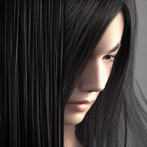 Prompt: A young woman with black colored long hair, volumetric lighting, 4k