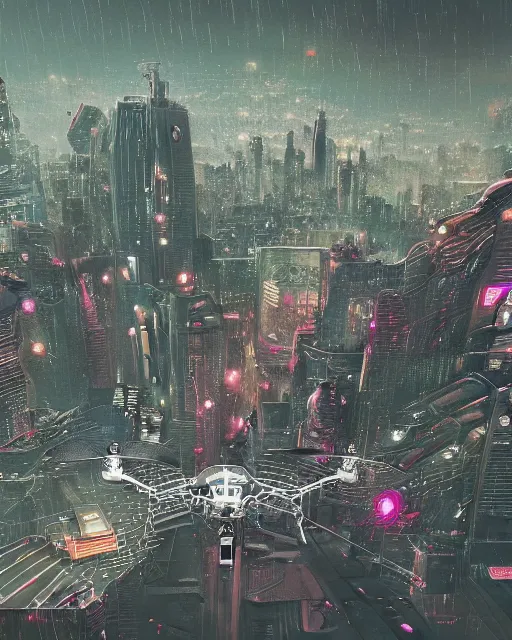 Prompt: cyberpunk bird drone above a city, scifi, futuristic, neon light, highly detailed, concept art, sharp focus, trending on artstation, intricate, atmosphere, raining, art by roman makarenko, dzung phung dinh