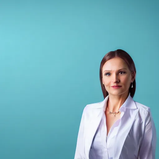 Prompt: portrait of business woman standing in front of a turquoise background, high detail, beautiful studio light, elegant, intricate