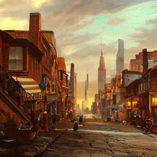 Prompt: beautiful color painting of a cityscape of an 1 8 0 0 s busy city, highly detailed, trending on artstation