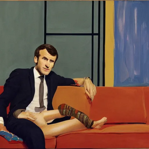 Image similar to emmanuel macron posing on a sofa, 1 9 7 0 living room decor, body hair, oil on canvas, by david hockney, bouguereau, lucien freud, francis bacon, peter doig