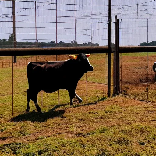 Prompt: cow running from a cage to a countryside