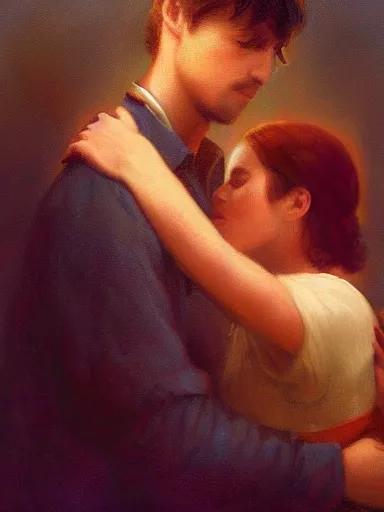 Image similar to masterpiece painting by jean hugo, of a solo individual portrait of a guy and a girl kissing, cinematic light, renaissance, atmospheric effects, artstation