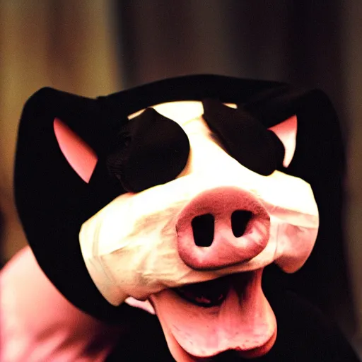 Prompt: creppy 2 0 0 3 photo of a pig masked man screaming in a dark room