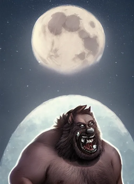 Prompt: an overweight guy with black thinning hair and buzz cut and a patchy beard and glasses turning into a werewolf under the light of the full moon, highly detailed, photorealistic, trending on artstation