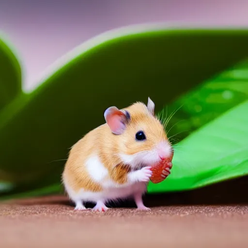 Image similar to a very tiny dwarf hamster eating a large tropical leaf, realistic, depth of field, bokeh blur, studio lighting, detailed, 4 k ultra hd