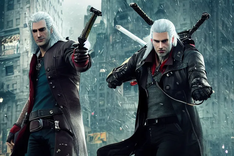 Prompt: vfx movie suave handsome grinning vampire with long white hair, trench coat, dual wielding large revolvers, leaping into the air, low gravity in a shattered reality of new york city, witcher devil may cry by emmanuel lubezki